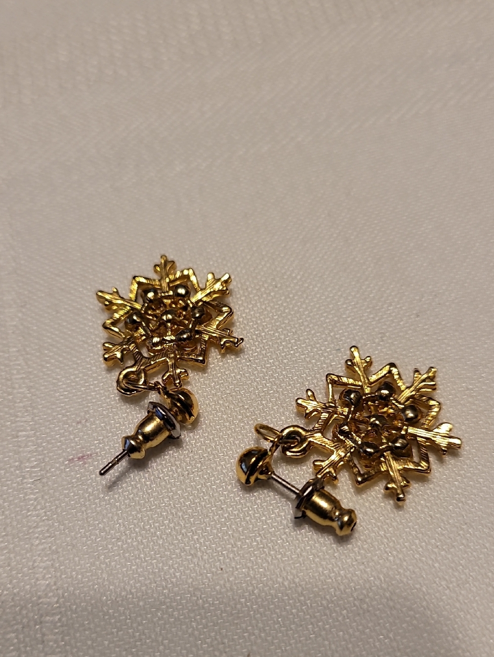 Earrings Gold Snowflake Dangles Rhinestones - Picture 3 of 3